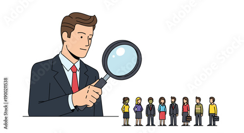 Professional businessman scrutinizing a diverse line of small job candidates with a large magnifying glass for