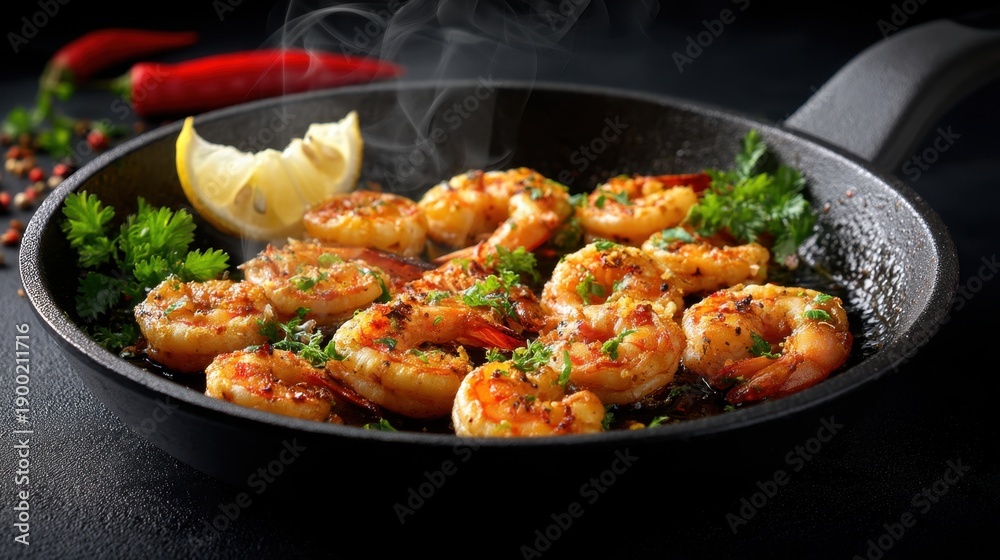 Fototapeta premium Spicy garlic shrimp sizzling in skillet with lemon and parsley garnish.