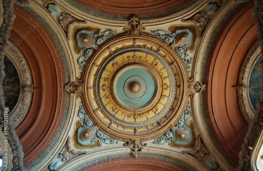 Fototapeta premium Ornate circular ceiling design with yellow and blue ornamental patterns. Intricate plasterwork details create a decorative architectural element in an old building interior.