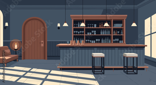 Cozy Bar Interior Scene Vector Illustration with Bar Stools and Soft Lighting