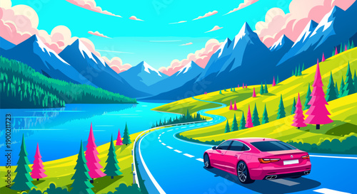 Vibrant vector illustration of a pink car driving on a winding road through a scenic mountain landscape with a lake and colorful trees