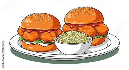 Delicious vector illustration of two fried chicken burgers and a side of coleslaw on a plate