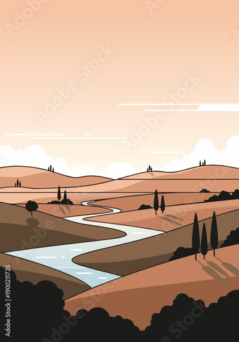 Beautiful Winding River Through Rolling Tuscan Hills A Flat Vector Illustration