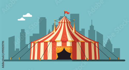 Vector illustration of a traditional red and white striped circus tent with a city skyline in the background