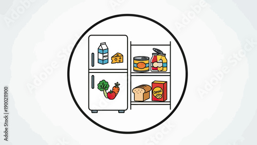 Illustration of a fridge and pantry filled with food items, all within a circular outline