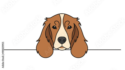 Cartoon dog head peering over a line; brown and white with black outlines