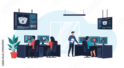 Office workers collaborating and monitoring data on multiple screens and large wall displays in a modern control room.