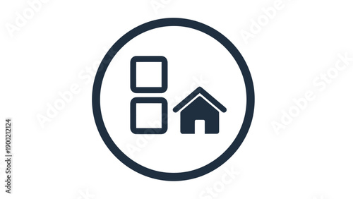 Simple icon featuring stacked boxes and house within a dark blue circle on a white background