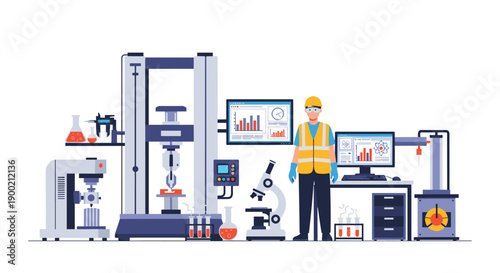 Scientist in safety gear standing in a modern laboratory surrounded by various testing and research equipment.