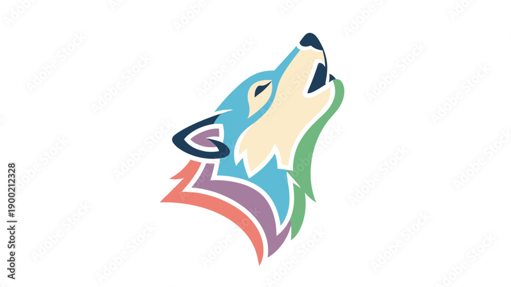 Fototapeta premium A colorful, stylized wolf head is shown howling upwards against a white background
