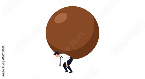 Businessman struggling under the immense weight of a huge brown spherical burden on his back, feeling overwhelmed.
