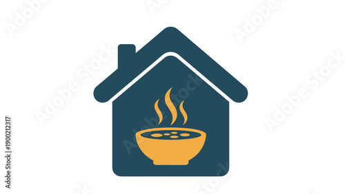 A teal house with an orange bowl of soup and steam rising from it