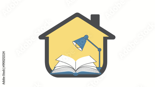 A house shape with a book under a blue lamp. The interior is yellow