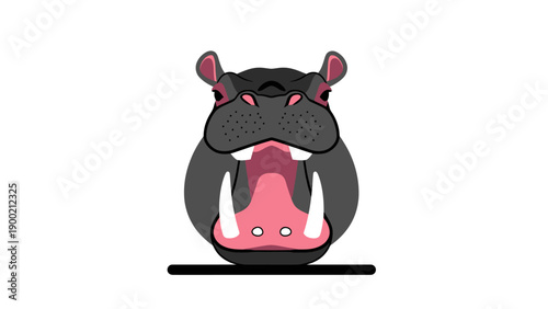 A vector illustration of a hippo with an open mouth, colored in gray, pink, and black