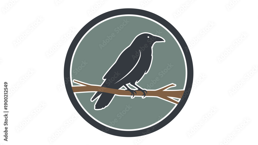 Fototapeta premium A raven silhouette perches on a branch inside a circle. Neutral colors are used