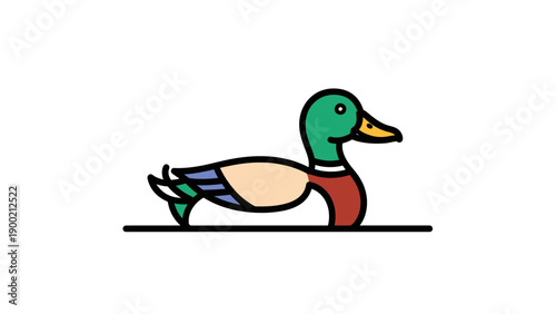 A stylized illustration of a duck swimming. Green head, beige body, red chest, and blue tail