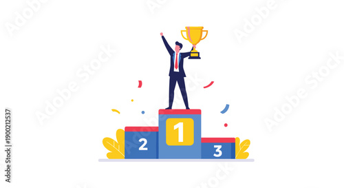 Victorious businessman standing on a number one podium, holding a golden trophy with celebratory confetti falling.