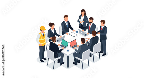 Diverse business team collaborating around a hexagonal table with laptops, engaged in a productive strategy meeting.