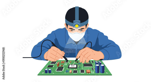 Focused electronics technician wearing a mask and headlamp, diligently soldering and testing a circuit board.