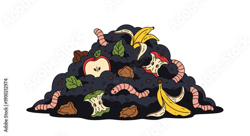 Large compost pile with dark rich soil, organic fruit and vegetable scraps, and active worms.