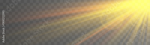 Shining golden sun rays with soft halo light. Realistic glare burst over transparent background. Brilliant sparkle overlay for creative summer art.