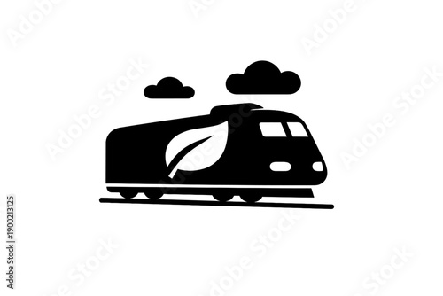 Train travels on tracks with green leaf logo representing sustainability in transportation and its role in eco-friendly travel