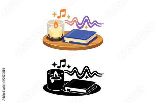 Relaxation setup with a candle, a book, and music notes on a wooden surface at home in a cozy indoor space during evening hours