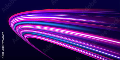 Magenta neon ribbons twist through dark abstract tunnels. Energy flows and motion lines convey futuristic speed. Vector ready for projects.