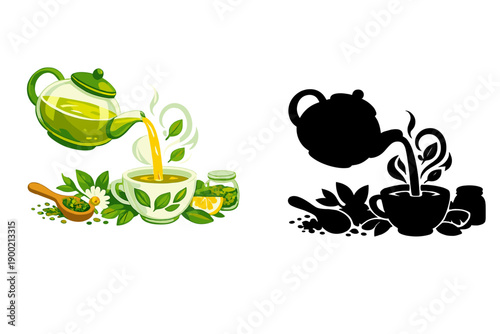 Green tea is being poured into a cup with fresh leaves and lemon on a wooden table next to jars of herbs and spices