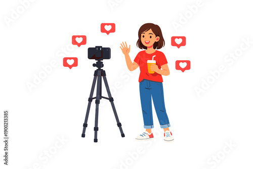 Person standing next to a camera on a tripod waving and holding a drink with icons of hearts around indicating social media engagement