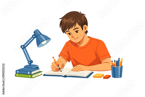 Boy writes in notebook at desk with lamp and school supplies in a bright room during daytime