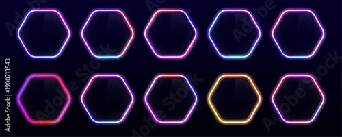Flaming neon hexagon frame shines with vibrant electric colors. Sharp geometric edges reflect glowing highlights. Great for digital interfaces, banners, and futuristic designs.