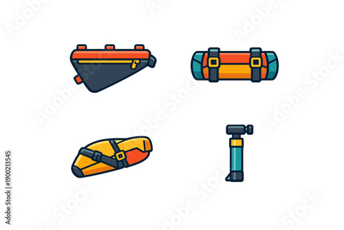 Different types of outdoor gear and accessories with zippers and straps displayed on a white background for hiking or biking activities