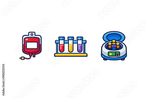 Blood bag and test tubes with centrifuge in a medical lab setting during daytime for blood analysis and testing purposes