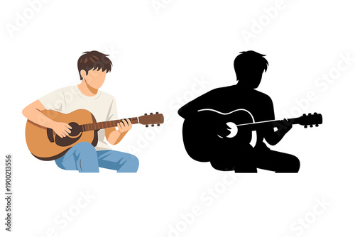 Young man plays acoustic guitar at home during the day while a dark silhouette shows the same position and activity without details