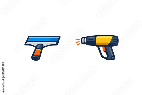 Tools for home improvement: a squeegee and a heat gun sit side by side, ready for use in various repair and maintenance tasks around the house