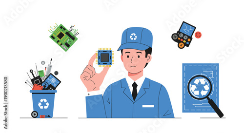 Man holding a microchip, surrounded by electronic waste, symbolizing e-waste recycling and sustainable technology.