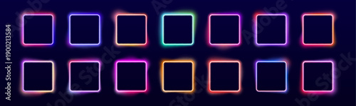 Glowing neon square panel with gradient pink, purple, and blue. Transparent background allows versatile usage. Perfect for modern graphic projects and social media posts.