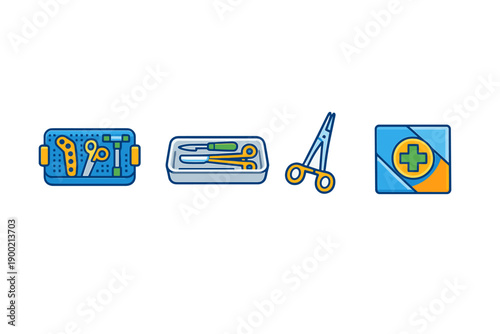 Tools for medical tasks are placed on a clean surface in a work area. Some tools show blades and handles for precise work in healthcare settings