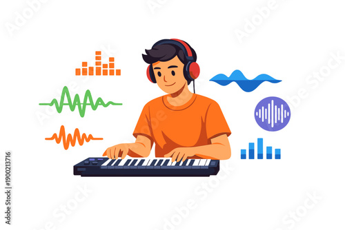 Young person plays keyboard and creates music at home with sound waves and audio bars surrounding them