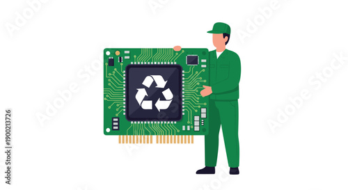 Man in green uniform holding a large circuit board with a prominent recycling symbol, promoting sustainable electronics.