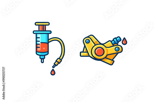 Syringe and brake caliper with fluid drops in a simple design showing medical and automotive themes on a plain background