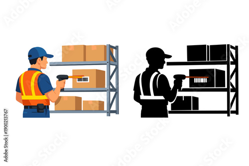 Worker scans items in a warehouse using a barcode scanner while checking shelves with boxes to manage inventory