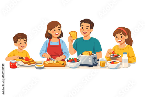 Family prepares breakfast together in cozy kitchen with toast and fruits