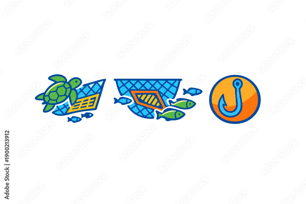 Obraz premium Several drawings show a turtle, fishing nets, and a fishing hook in an underwater scene representing marine life and fishing practices
