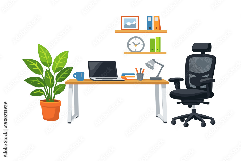 Fototapeta premium Workspace with laptop, chair, plants, and shelves at home during daytime