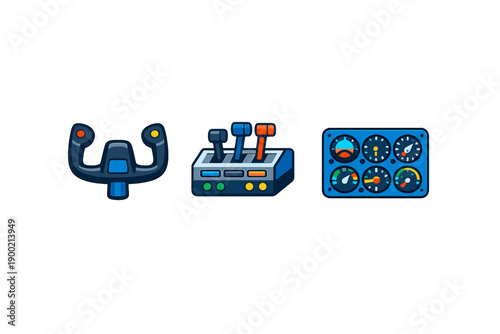 Various controllers for gaming and simulation are shown on a flat surface with a clean design and bright colors in a digital space