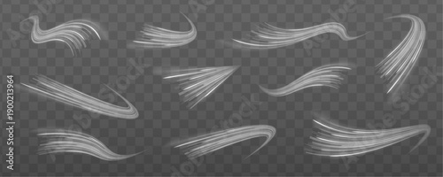 Futuristic white light trails and spiral sparks simulate wind and motion. Neon streaks follow curved roads and highways. Transparent PNG ideal for cyberpunk graphics.