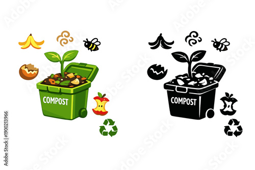 Compost bin showing food waste and plant growth with recycling symbols in a simple design