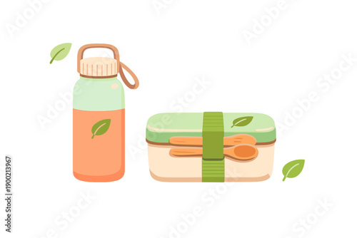 Eco-friendly lunch setup with a water bottle and a lunch box on a white background suitable for outdoor activities